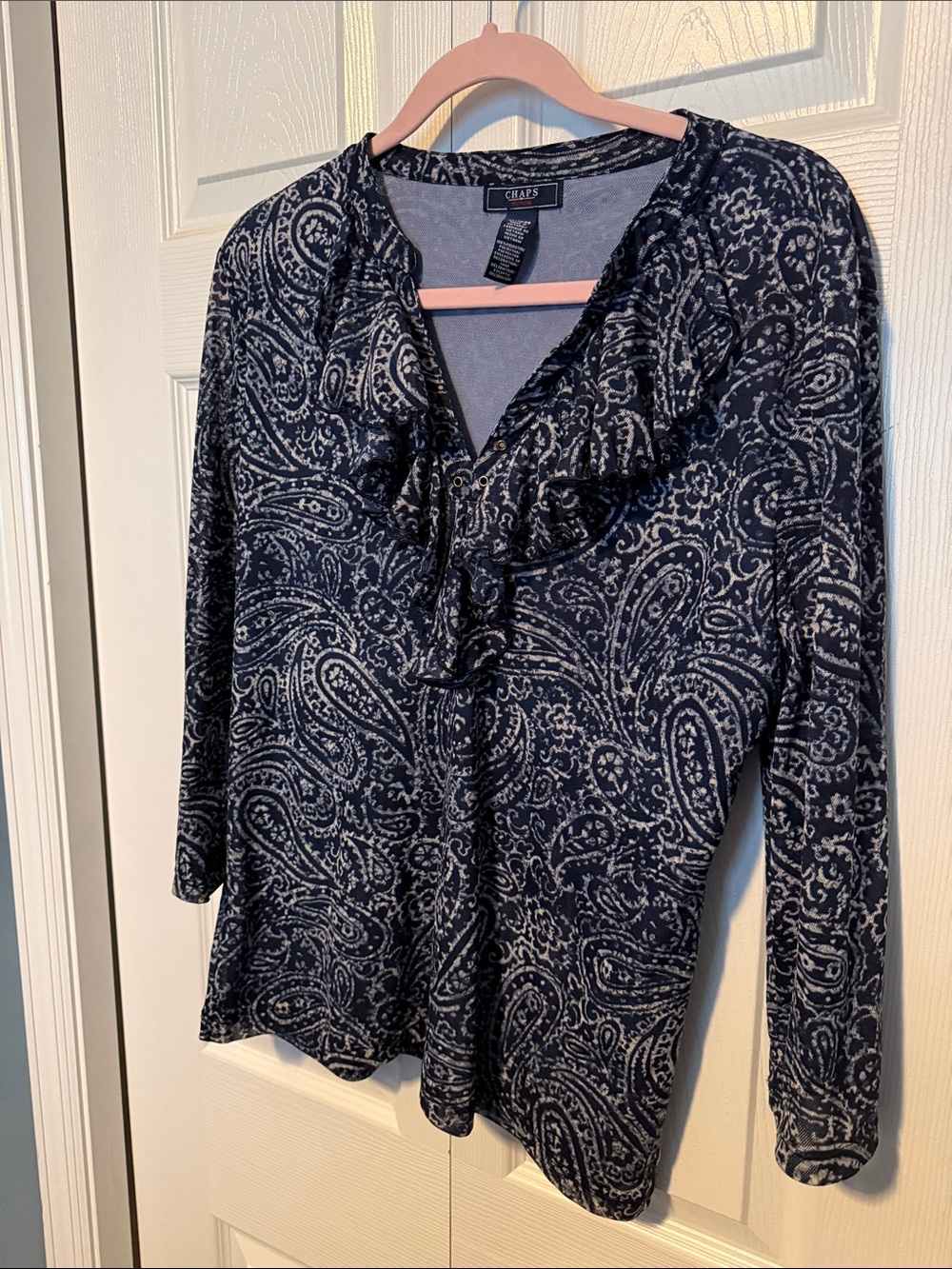 Chaps Navy and White Paisley Ruffle-Trim Long Sleeve Top